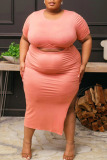 Black Casual Solid Bandage Patchwork Slit O Neck Plus Size Two Pieces