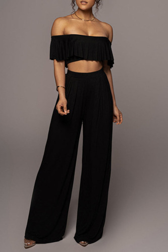 Black Casual Solid Patchwork Off the Shoulder Two Pieces