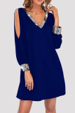 Black Fashion Casual Patchwork Hollowed Out Sequins V Neck Long Sleeve Dresses