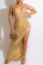 Apricot Sexy Solid Sequins Patchwork See-through Slit Spaghetti Strap Sling Dress Dresses