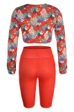 Red Fashion Casual Print Bandage V Neck Long Sleeve Two Pieces
