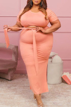 Pink Casual Solid Bandage Patchwork Slit O Neck Plus Size Two Pieces