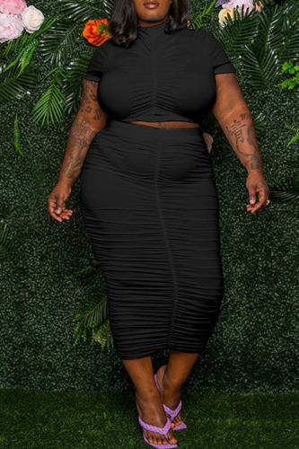 Black Casual Solid Patchwork Fold O Neck Plus Size Two Pieces