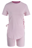 White Fashion Casual Solid Bandage O Neck Short Sleeve Two Pieces