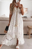 White Sexy Casual Solid Patchwork Backless V Neck Sling Dress