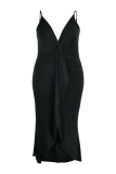 Black Fashion Sexy Plus Size Solid Patchwork V Neck Sling Dress