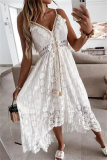 Cream White Sexy Casual Solid Patchwork Backless V Neck Sling Dress