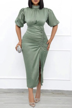 Green Fashion Casual Solid Slit Fold Turtleneck One Step Skirt Plus Size Dresses