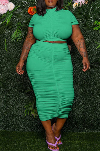 Green Casual Solid Patchwork Fold O Neck Plus Size Two Pieces