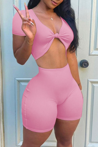 Pink Sexy Solid Patchwork Knotted V Neck Short Sleeve Two Pieces