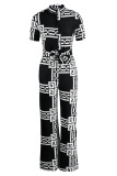 Black Fashion Casual Print With Belt Regular Jumpsuits