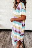Multicolor Fashion Casual Striped Print Basic V Neck Short Sleeve Dress