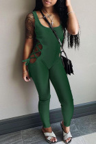 Green Sexy Solid Hollowed Out Patchwork U Neck Regular Jumpsuits
