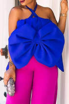 Blue Sexy Casual Solid Patchwork Backless With Bow Halter Tops