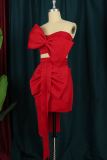 Red Fashion Sexy Solid Patchwork Backless With Bow Strapless Sleeveless Two Pieces