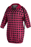 Rose Red Casual Plaid Print Zipper Collar Straight Plus Size Dresses