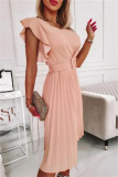 Pink Fashion Casual Solid Patchwork O Neck Pleated Dresses