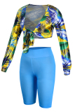 Blue Fashion Casual Print Bandage V Neck Long Sleeve Two Pieces