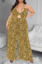 Yellow Fashion Print Hollowed Out Halter Plus Size Jumpsuits