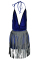 Blue Fashion Sexy Patchwork Hot Drilling Tassel Backless V Neck Sleeveless Two Pieces