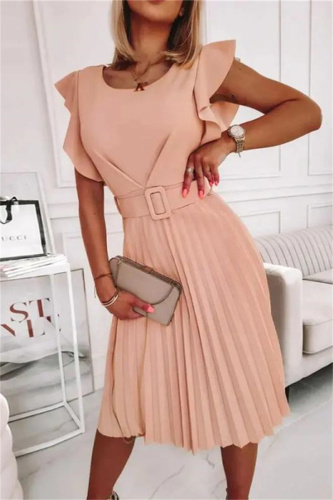 Pink Fashion Casual Solid Patchwork O Neck Pleated Dresses