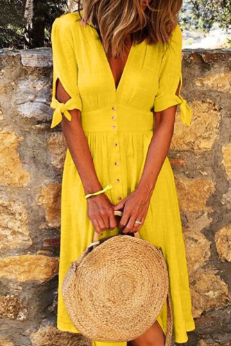 Yellow Fashion Casual Solid Patchwork V Neck Shirt Dress
