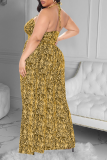 Yellow Fashion Print Hollowed Out Halter Plus Size Jumpsuits