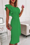 Green Fashion Casual Solid Patchwork O Neck Pleated Dresses