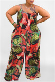 Yellow Sexy Casual Print Backless Spaghetti Strap Plus Size Jumpsuits