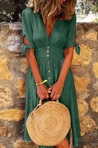 Green Fashion Casual Solid Patchwork V Neck Shirt Dress
