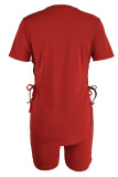 Red Fashion Casual Solid Bandage O Neck Short Sleeve Two Pieces