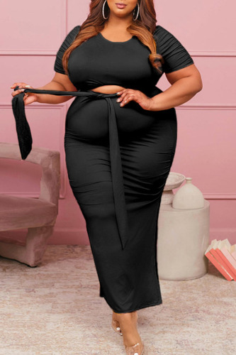 Black Casual Solid Bandage Patchwork Slit O Neck Plus Size Two Pieces