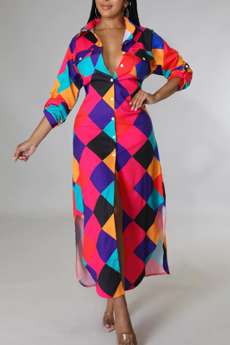Red Casual Print Patchwork Buckle Turndown Collar Shirt Dress Dresses