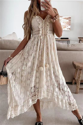 Cream White Sexy Casual Solid Patchwork Backless V Neck Sling Dress