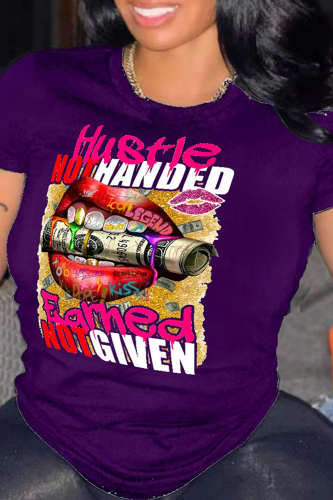 Purple Fashion Casual Print Basic O Neck T-Shirts
