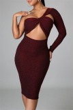 Burgundy Fashion Sexy Solid Hollowed Out Backless Oblique Collar Long Sleeve Dresses