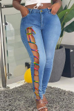 Deep Blue Fashion Casual Solid Bandage Hollowed Out High Waist Skinny Denim Jeans
