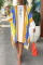 Yellow Fashion Casual Striped Print Asymmetrical O Neck Irregular Dress