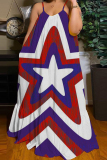 Blue Red Casual American Flag Stars Print Floor Length Backless Sleeveless African Style Loose Cami Maxi Dress