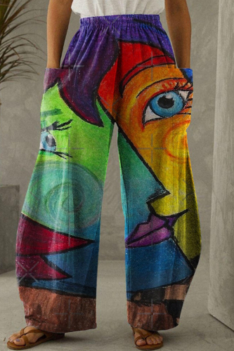 Purple Yellow Fashion Casual Print Patchwork Pocket Regular High Waist Trousers