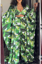 Green Casual Print Patchwork Halter Long Sleeve Four Pieces(Contain The Scarf)