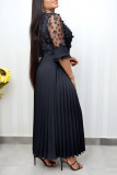Black Elegant Solid Patchwork Fold O Neck Dresses