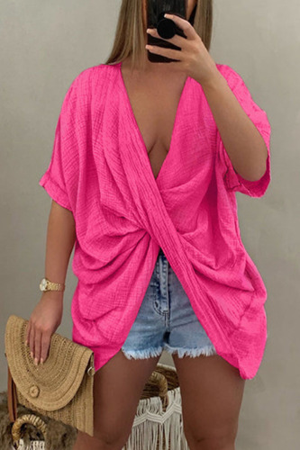 Rose Red Casual Solid Patchwork Asymmetrical V Neck T-Shirts