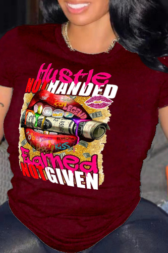 Burgundy Fashion Casual Print Basic O Neck T-Shirts