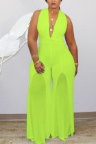 Fluorescent green Fashion Sexy V Neck Solid Stitching Plus Size