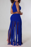 Royal Blue Sexy Solid Tassel Patchwork Oblique Collar Two Pieces