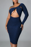 Tibetan Blue Fashion Sexy Solid Hollowed Out Backless Oblique Collar Long Sleeve Dresses