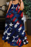 Blue White Casual American Flag Stars Print Floor Length Backless Sleeveless African Style Loose Cami Maxi Dress