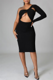 Black Fashion Sexy Solid Hollowed Out Backless Oblique Collar Long Sleeve Dresses