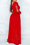 Red Sexy Solid Patchwork See-through Oblique Collar Regular Jumpsuits